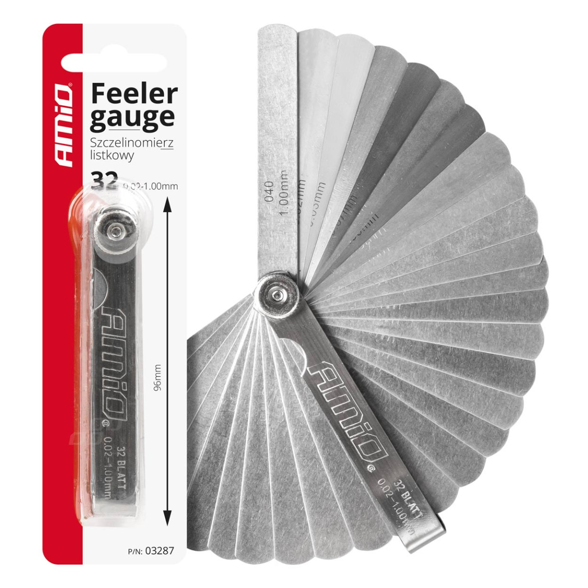 Feeler gauge 0.02–1 mm, 32 sheets, 89 mm, AMIO-03287