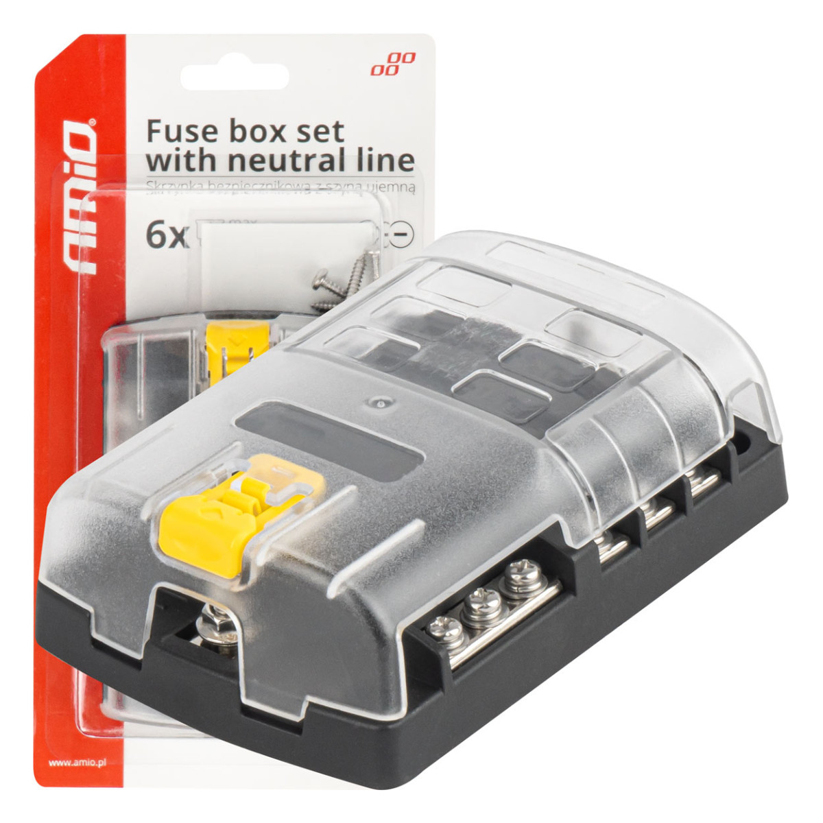 Fuse box, 6-socket with screw contacts and negative terminal AMIO-03833