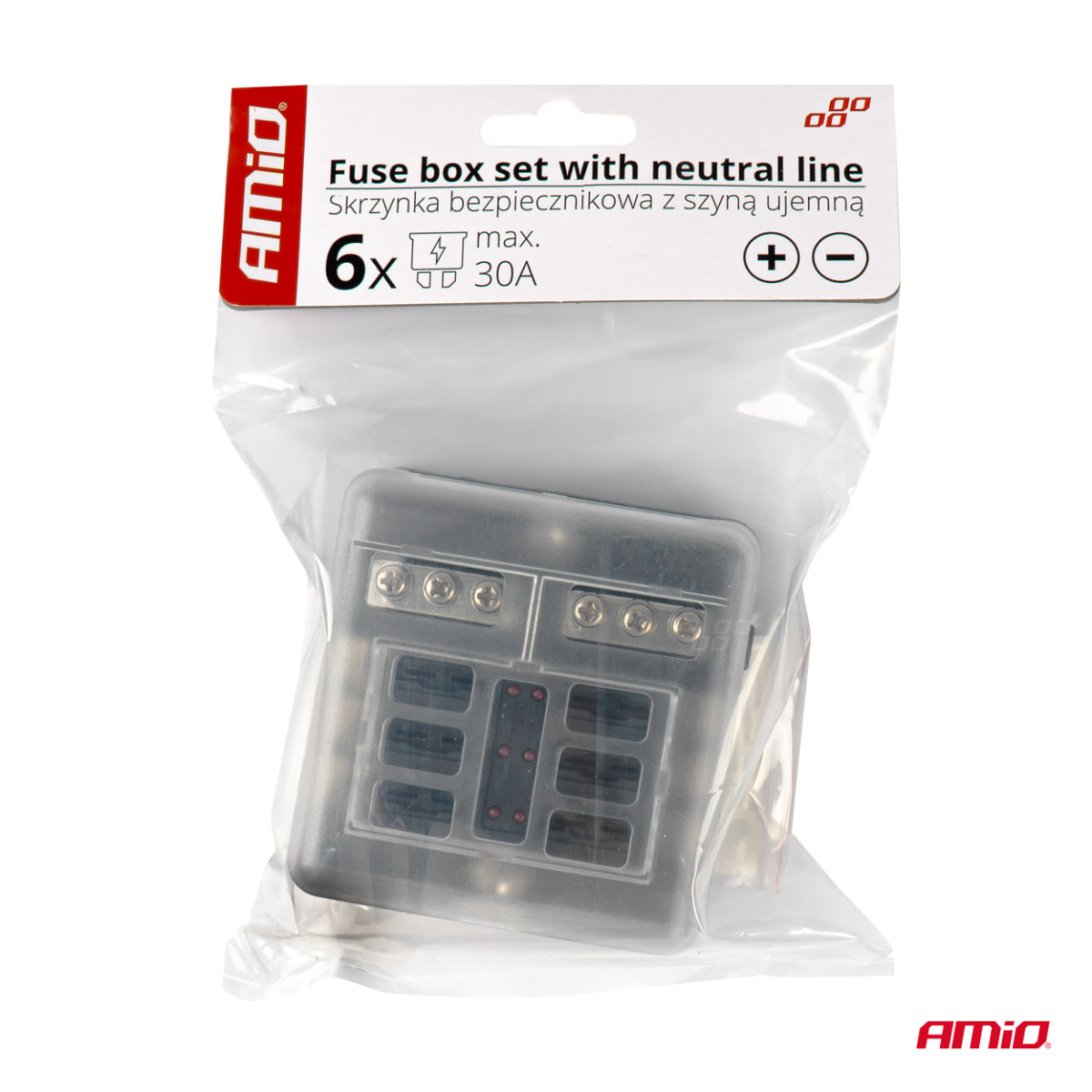 Fuse box, 6 sockets with LED and negative terminal AMIO-03038