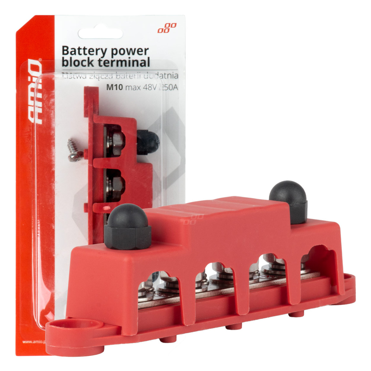 Positive pole power distribution block with 4 M10 bolts, Bus Bar 12/24/48V 250A, AMIO-03812