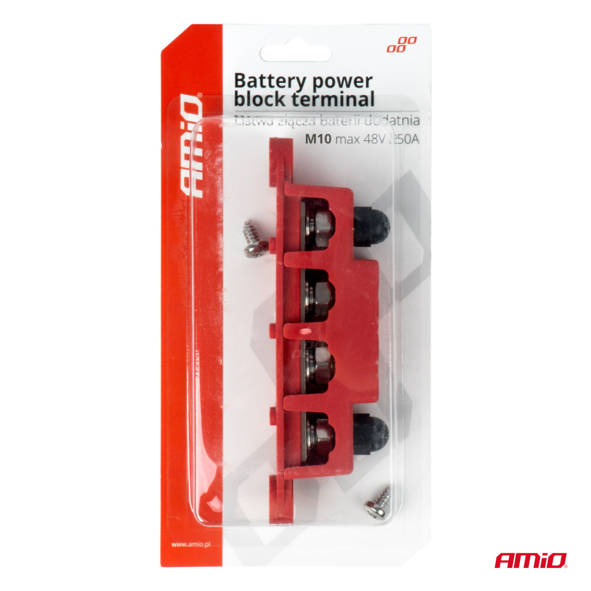 Positive pole power distribution block with 4 M10 bolts, Bus Bar 12/24/48V 250A, AMIO-03812
