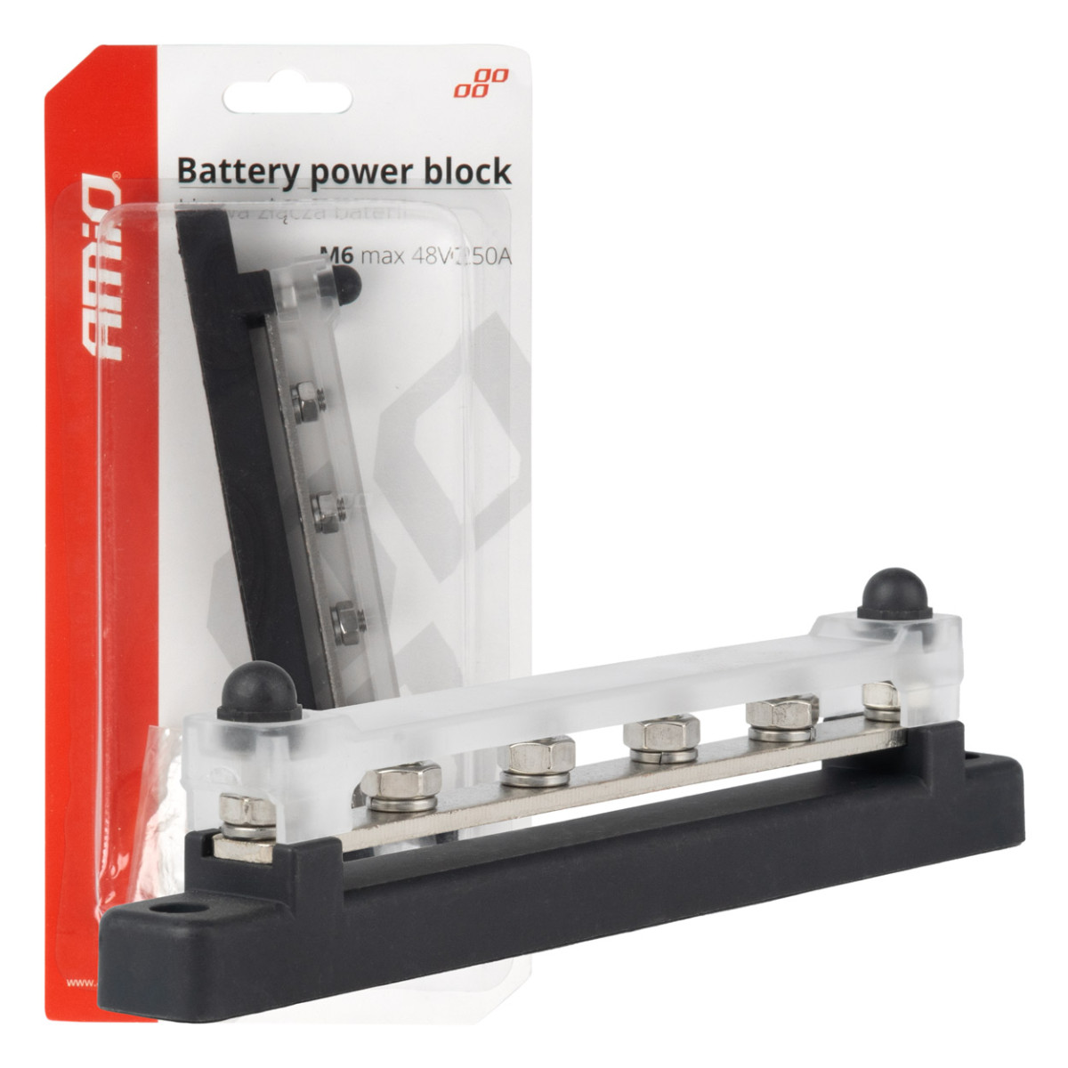 Negative pole power distribution block with 4 M6 screws, Bus Bar 12/24/48V 150A, AMIO-03808