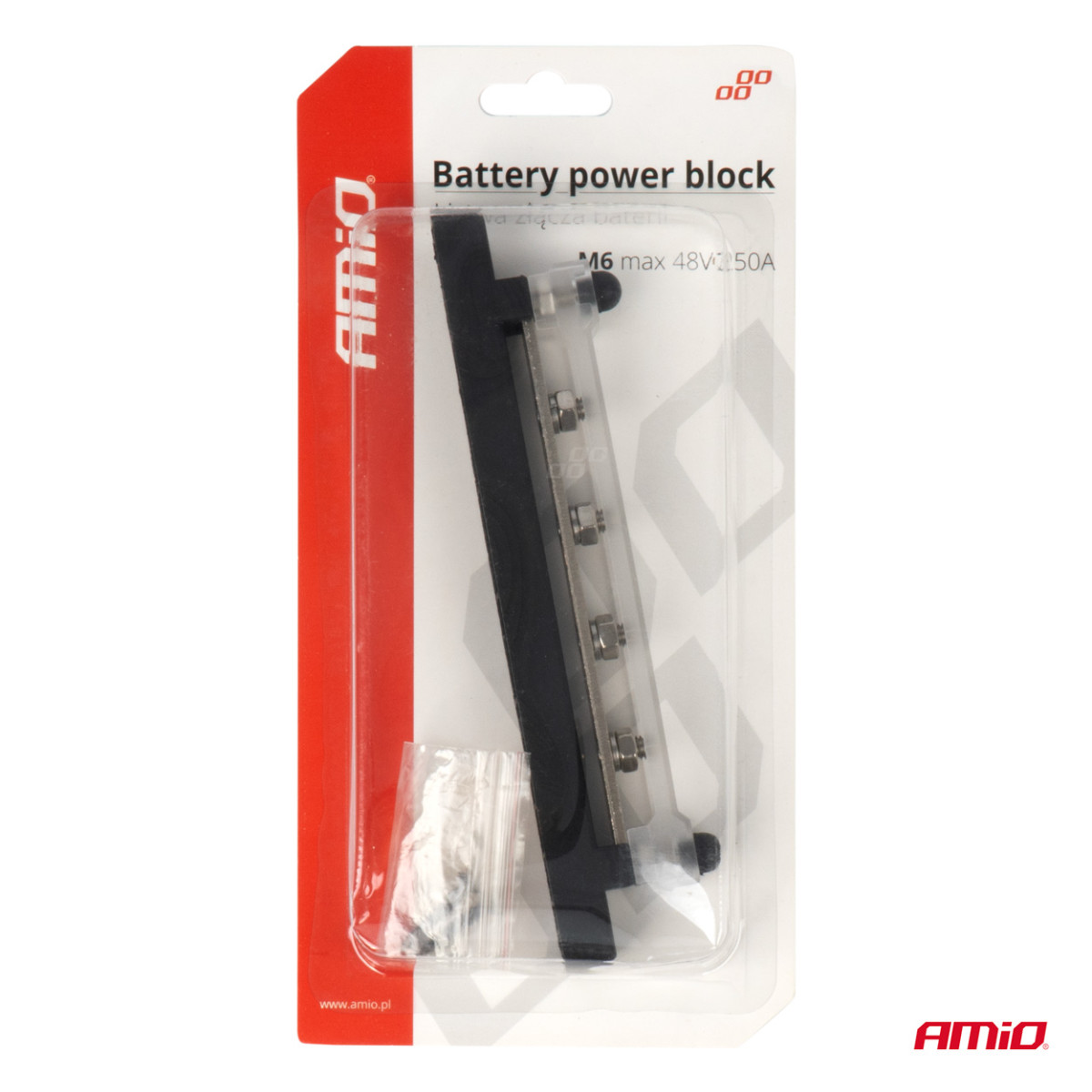 Negative pole power distribution block with 4 M6 screws, Bus Bar 12/24/48V 150A, AMIO-03808