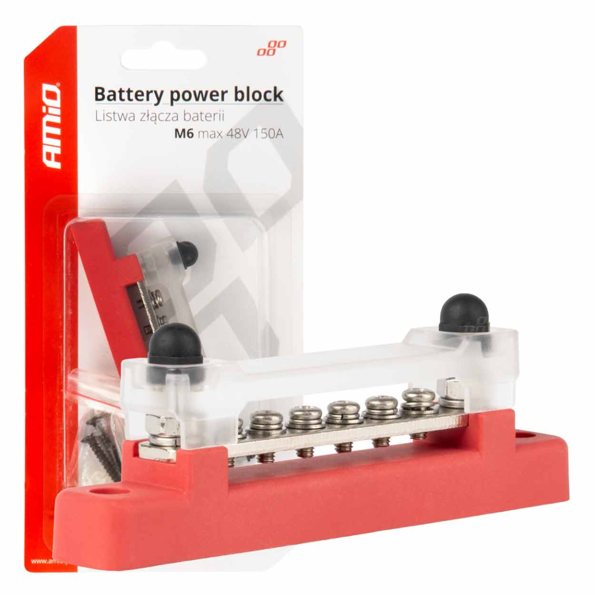 Positive pole power distribution block with 4 M6 screws, Bus Bar 12/24/48V 150A, AMIO-03810