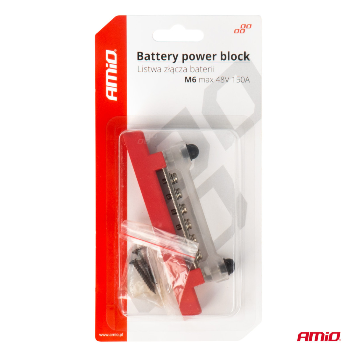 Positive pole power distribution block with 4 M6 screws, Bus Bar 12/24/48V 150A, AMIO-03810