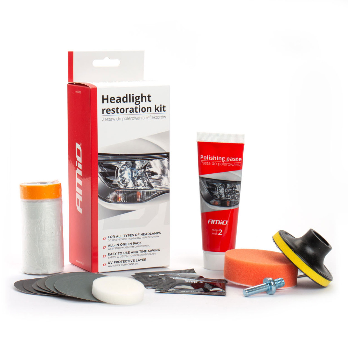 Headlight restoration kit, manual polishing AMIO-02892
