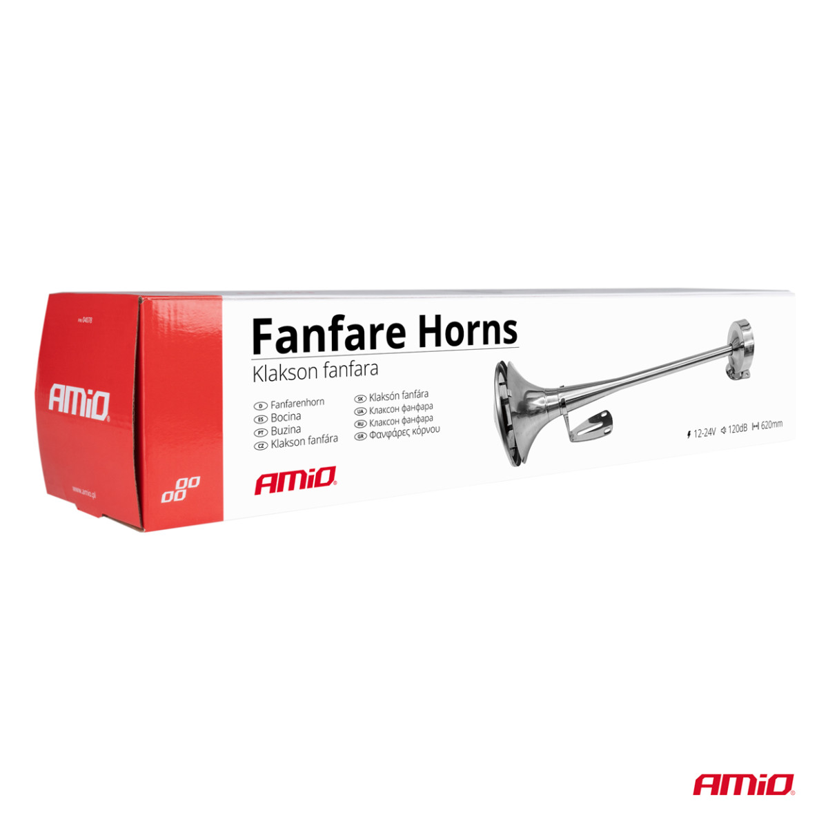 Horn – chrome, 620 mm, 115 dB, 12/24V, LowTone, AMIO-04078