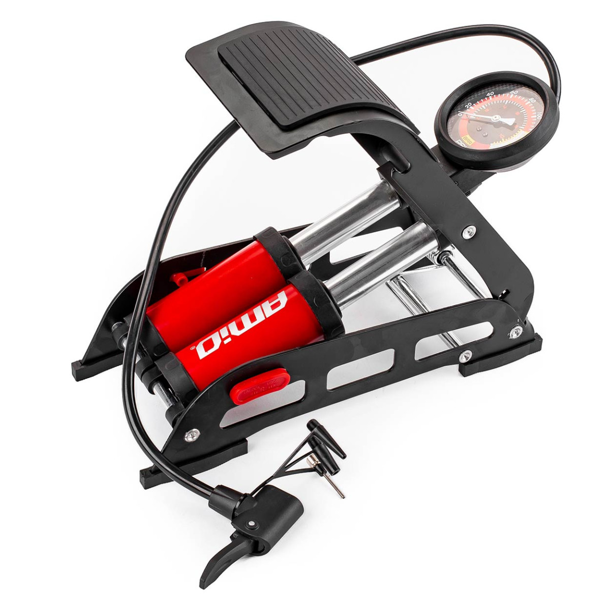 HQ double piston foot pump 2×Ø45 mm with pressure gauge and adapters PU07