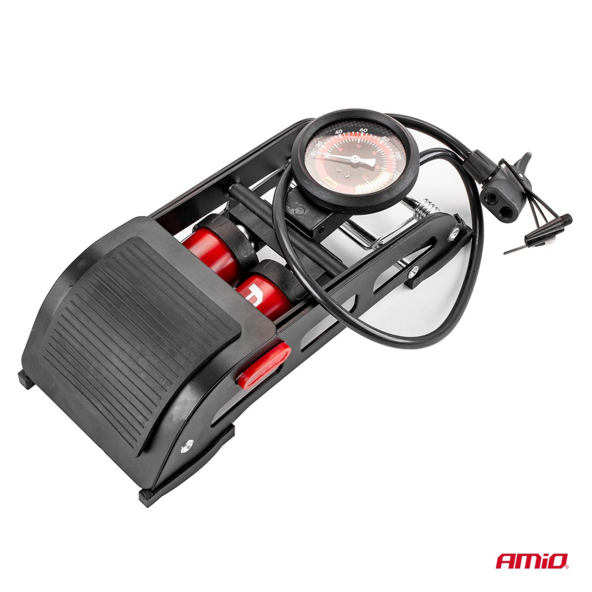 HQ double piston foot pump 2×Ø45 mm with pressure gauge and adapters PU07