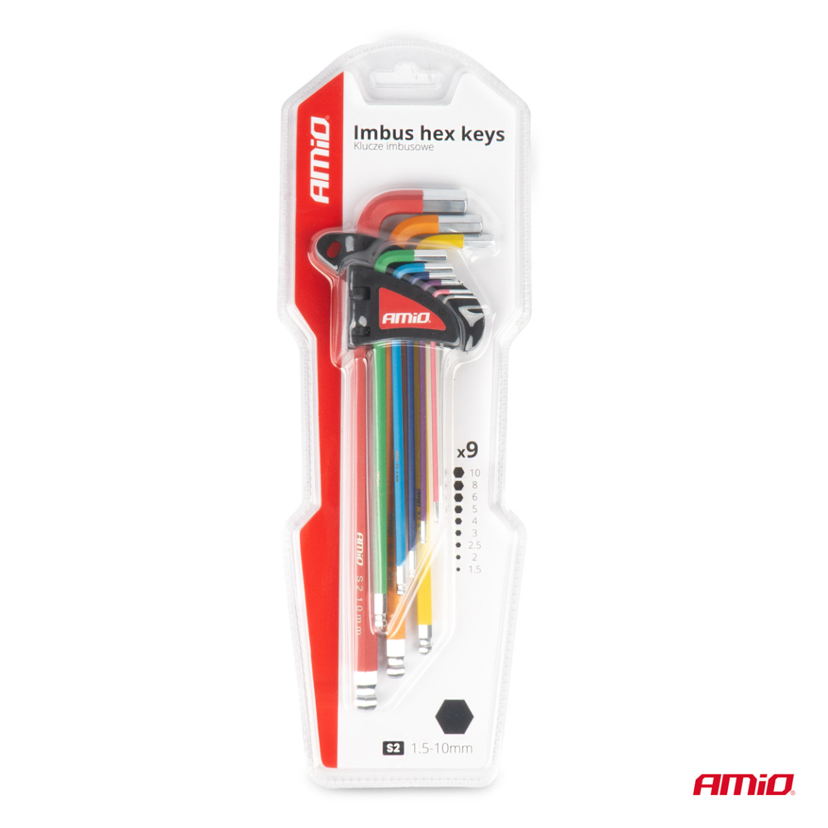 HEX (hexagon) keys with ball, extra long, 9 pcs., steel S2 AMIO-04299