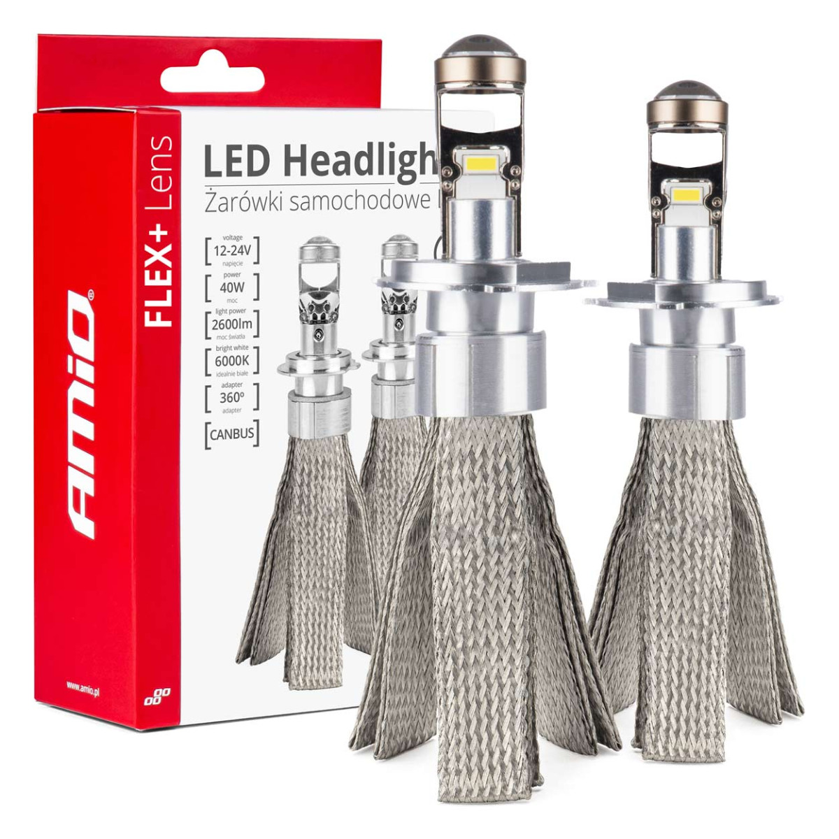 LED headlight bulbs FLEX+ series H4 lens 12V 24V 6000K Canbus, 2 pcs. AMIO-03658