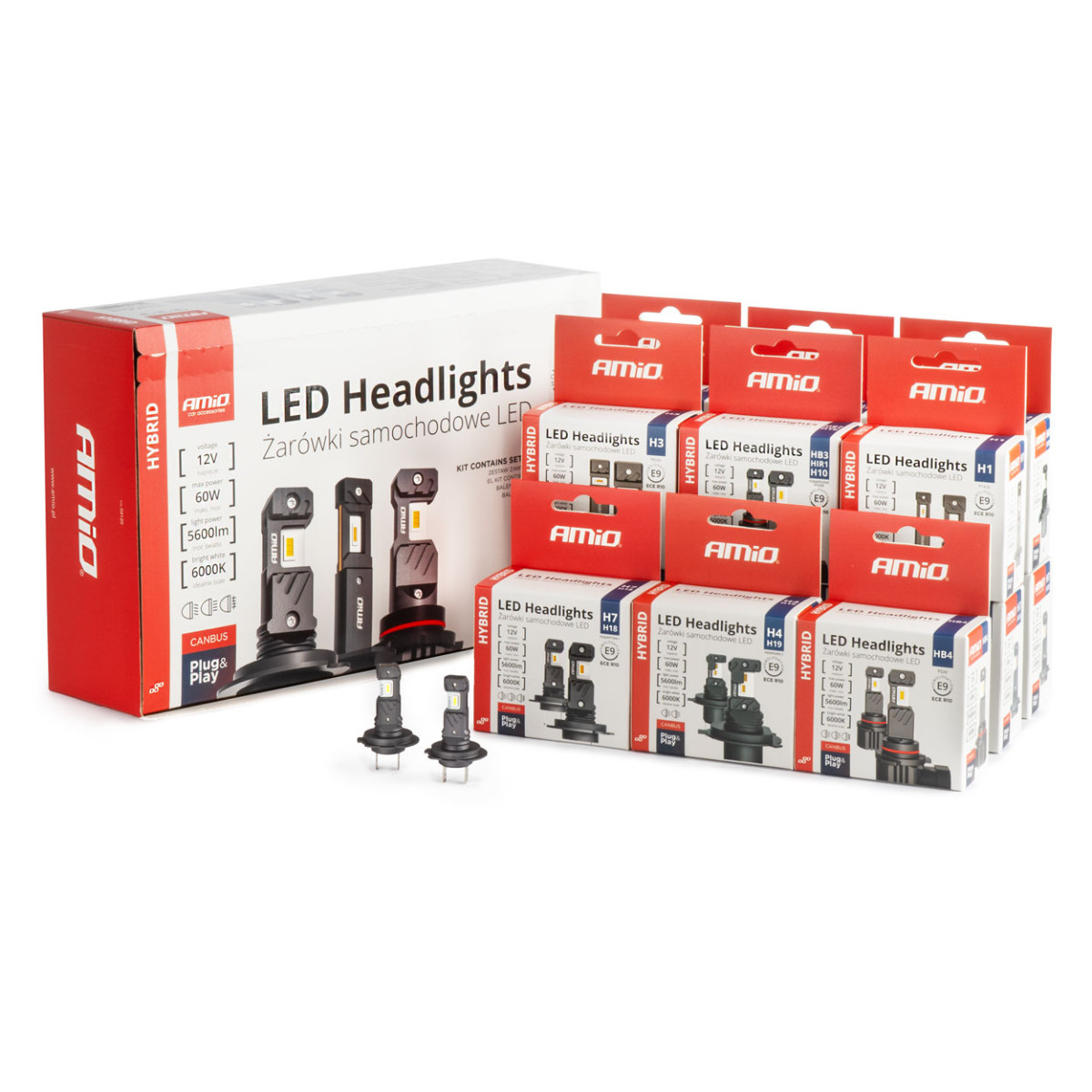 LED headlight bulb set 16 pcs., Hybrid series H1 H3 H4 H7 HB3 HB4 6000K Canbus, AMIO-04120