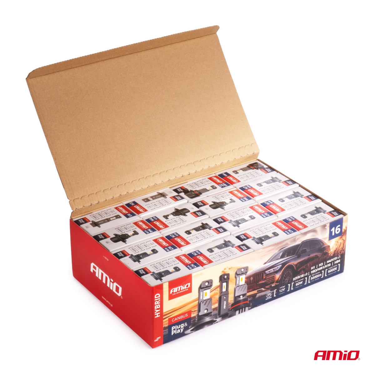 LED headlight bulb set 16 pcs., Hybrid series H1 H3 H4 H7 HB3 HB4 6000K Canbus, AMIO-04120