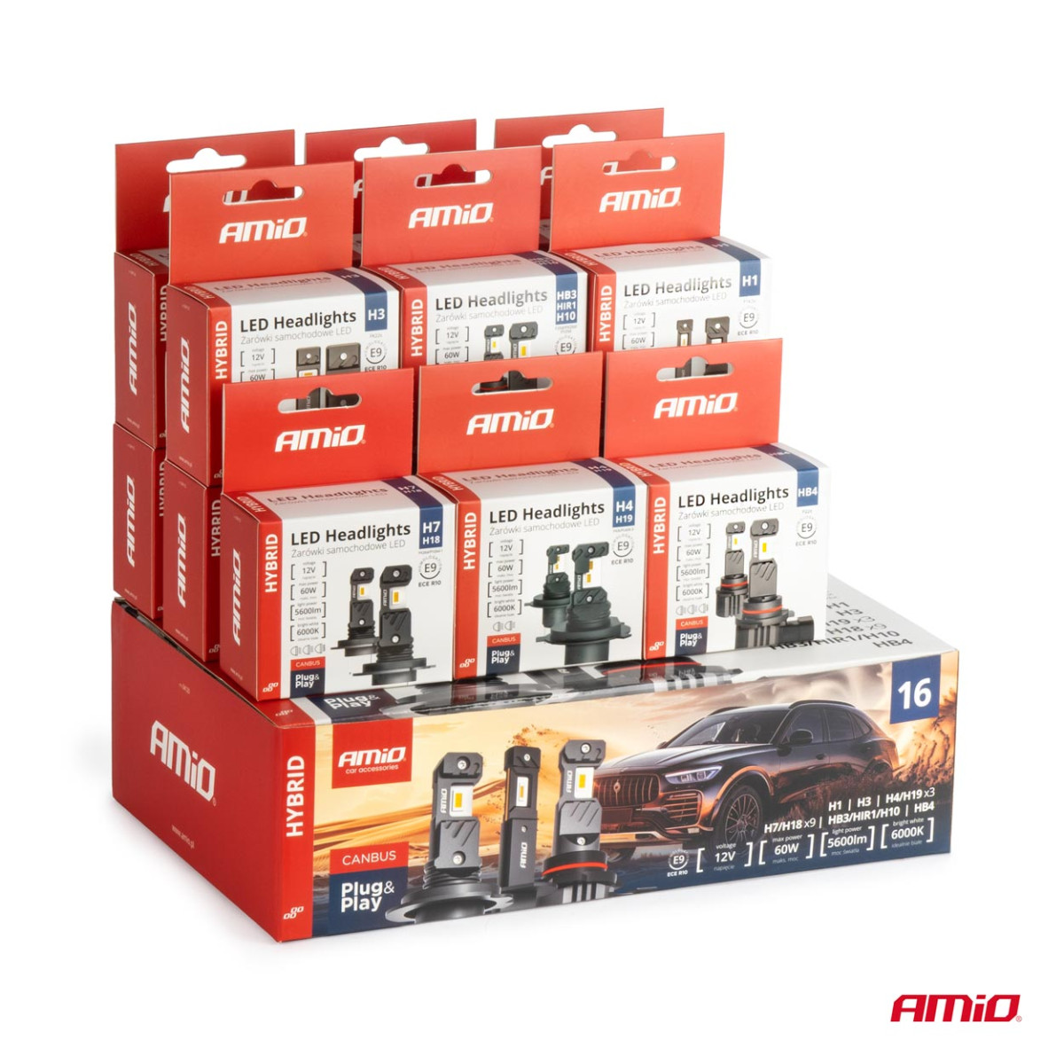 LED headlight bulb set 16 pcs., Hybrid series H1 H3 H4 H7 HB3 HB4 6000K Canbus, AMIO-04120