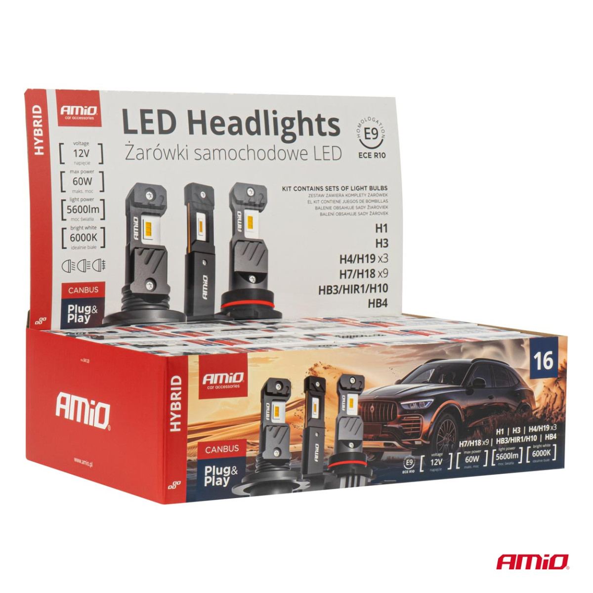 LED headlight bulb set 16 pcs., Hybrid series H1 H3 H4 H7 HB3 HB4 6000K Canbus, AMIO-04120