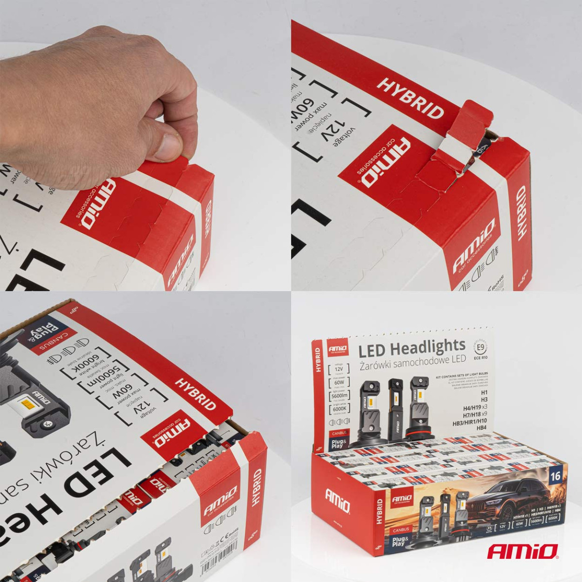 LED headlight bulb set 16 pcs., Hybrid series H1 H3 H4 H7 HB3 HB4 6000K Canbus, AMIO-04120