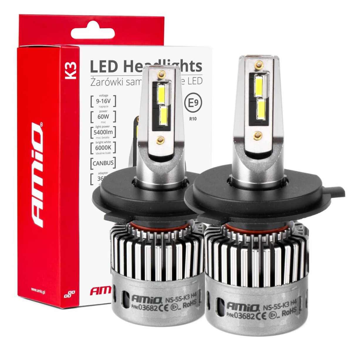 LED headlight bulbs K3 Series H4/H19 12V 6000K canbus AMIO-03682