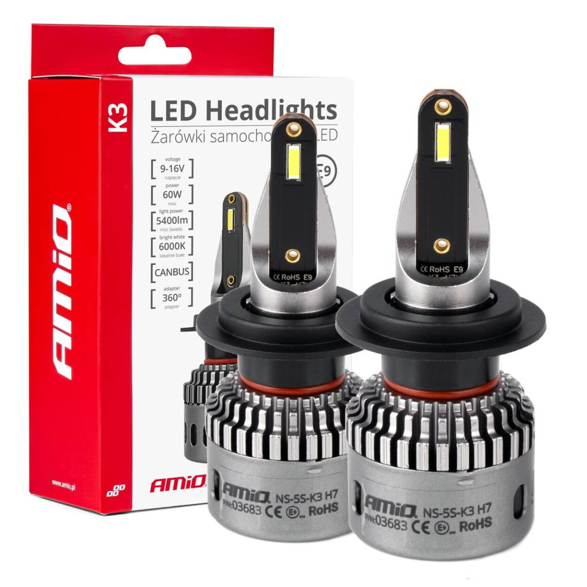 LED headlight bulbs K3 Series H7 12V 6000K canbus AMIO-03683