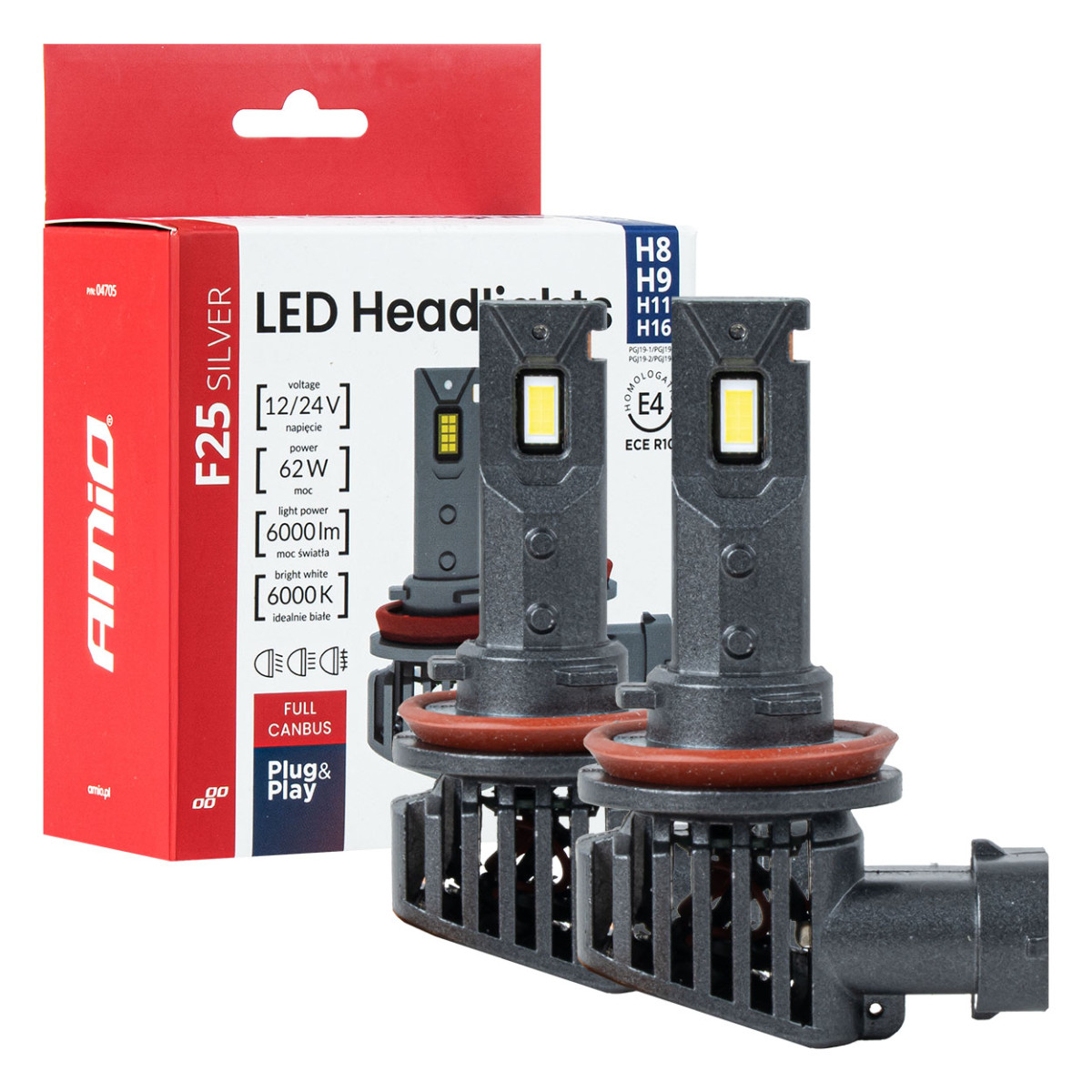 LED headlight bulbs F25 SILVER FULL CANBUS H8/H9/H11/H16 62W 12V 24V AMIO-04705