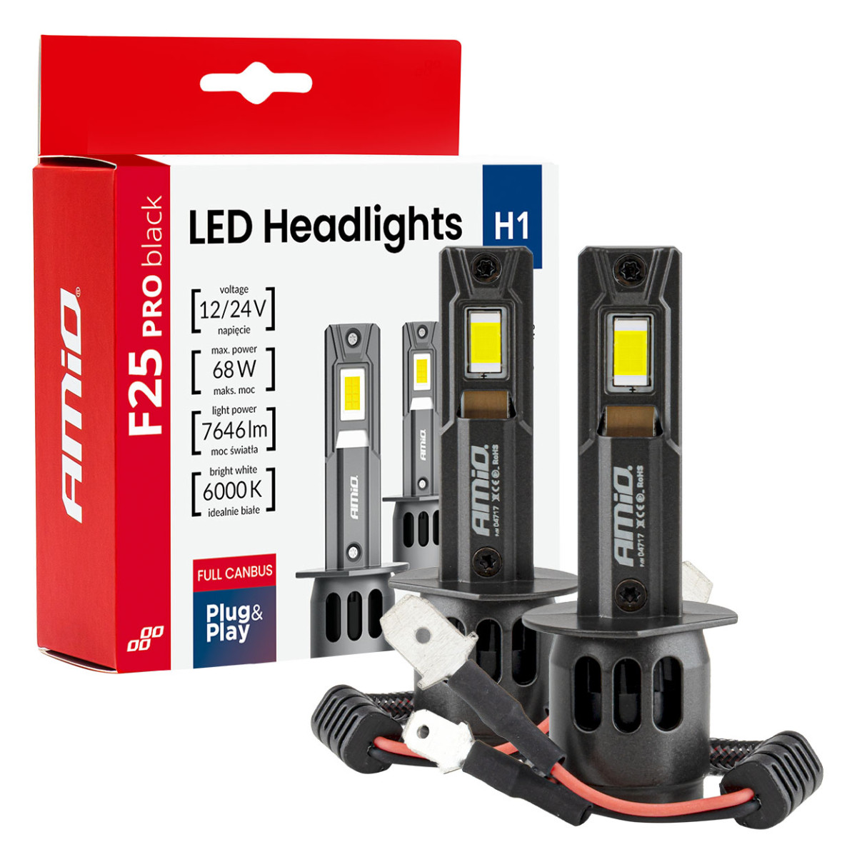 LED headlight bulbs Series F25 PRO BLACK FULL CANBUS H1 68W 12V 24V AMIO-04717