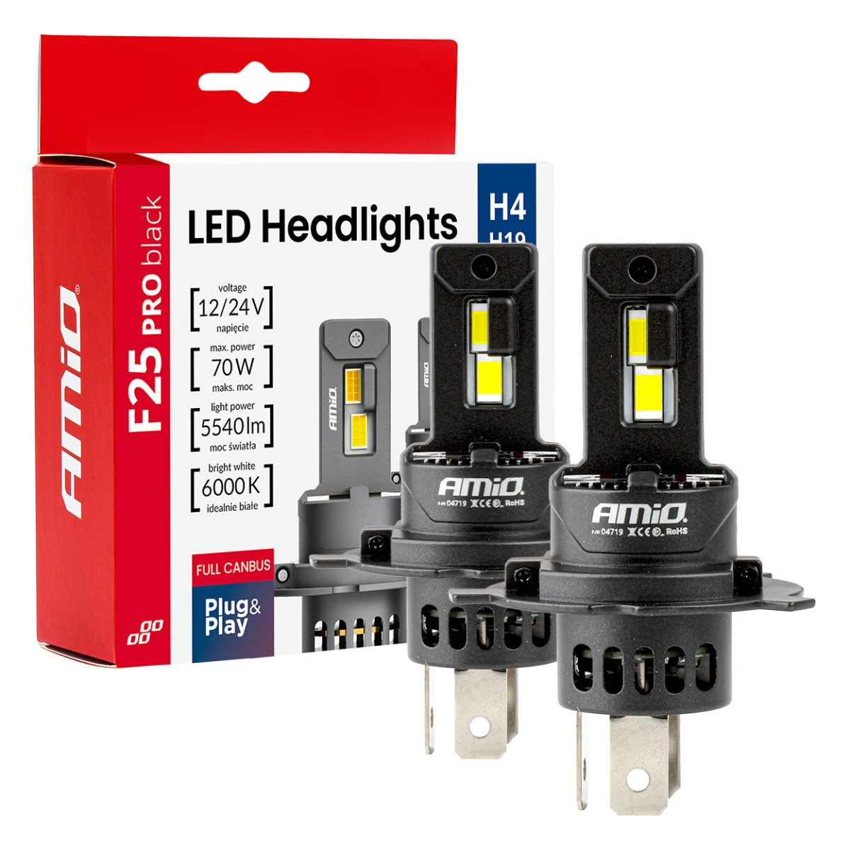 LED headlight bulbs F25 PRO BLACK FULL CANBUS H4 H19 70W 12V 24V AMIO-04719