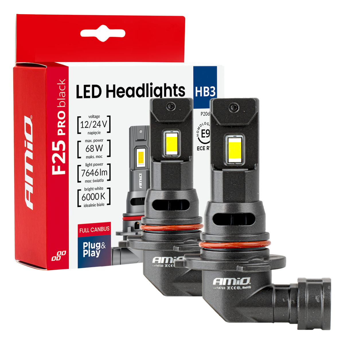LED headlight bulbs F25 PRO BLACK FULL CANBUS HB3 68W 12V 24V AMIO-04722