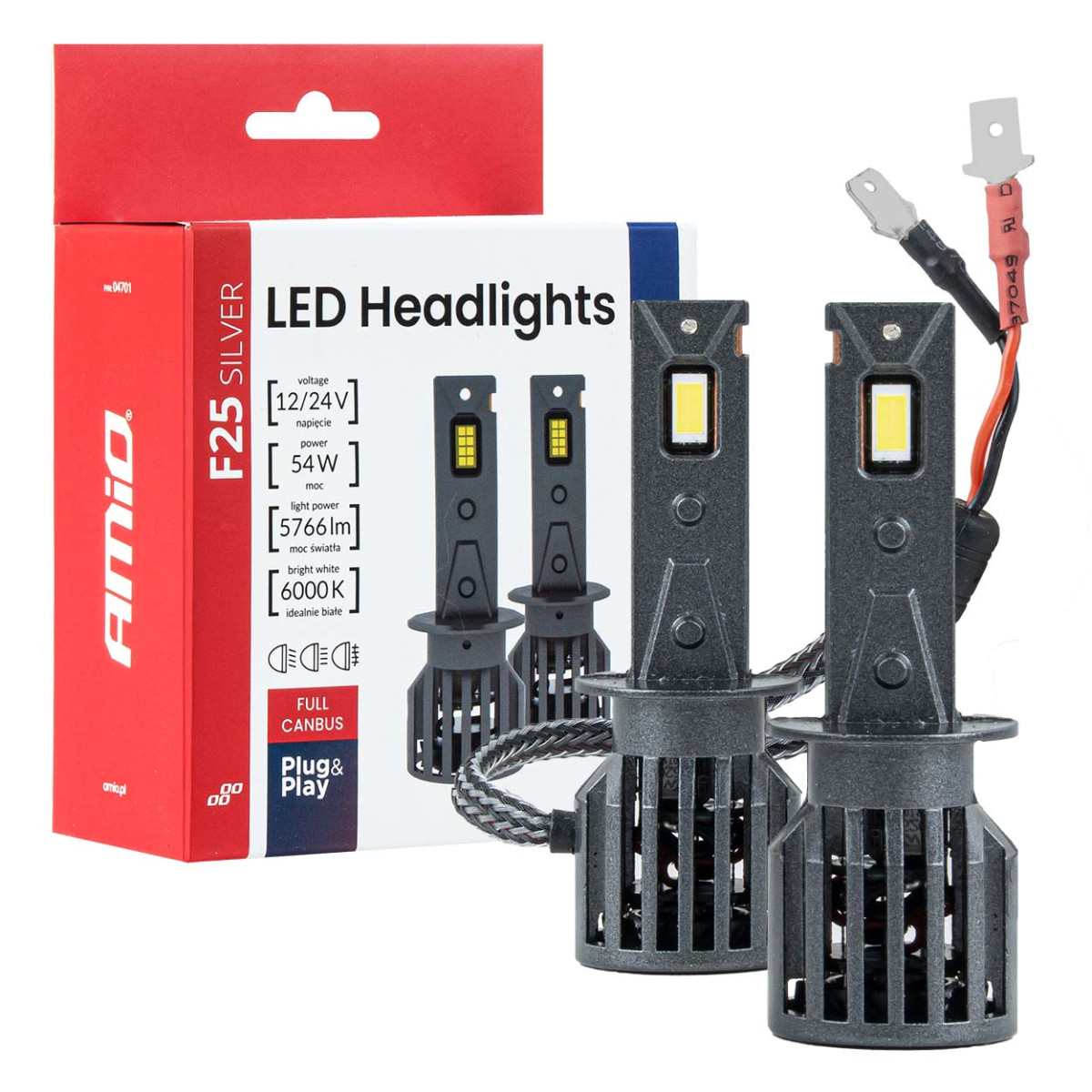 LED headlight bulbs F25 SILVER FULL CANBUS H1 54W 12V 24V AMIO-04701