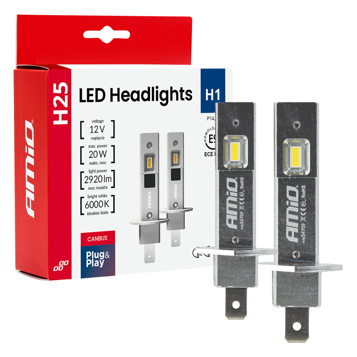 LED headlight bulbs H25 CANBUS H1 12V 20W AMIO-04709
