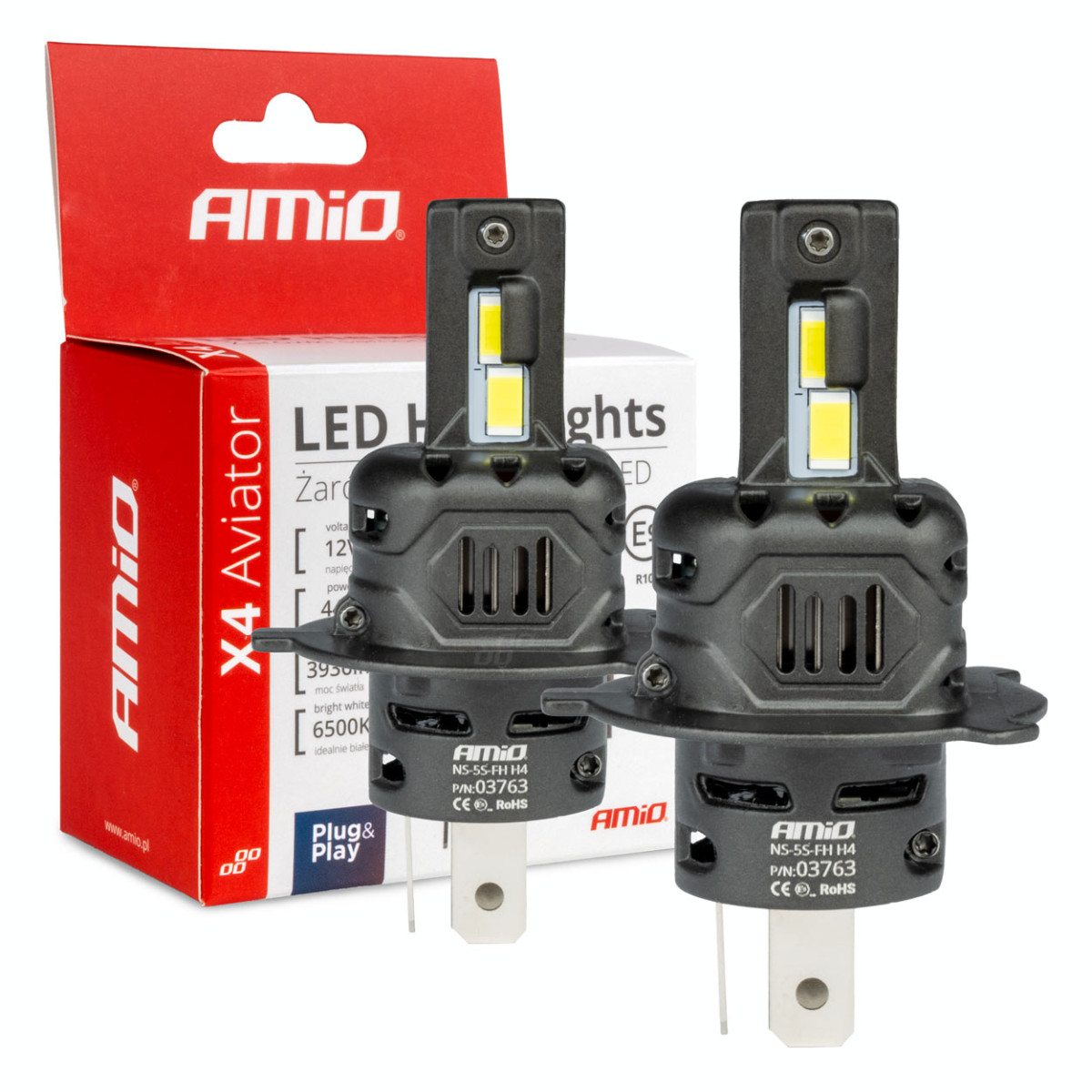 LED headlight bulbs X4-series AVIATOR H4/H19 6500K max 44W AMIO-03763