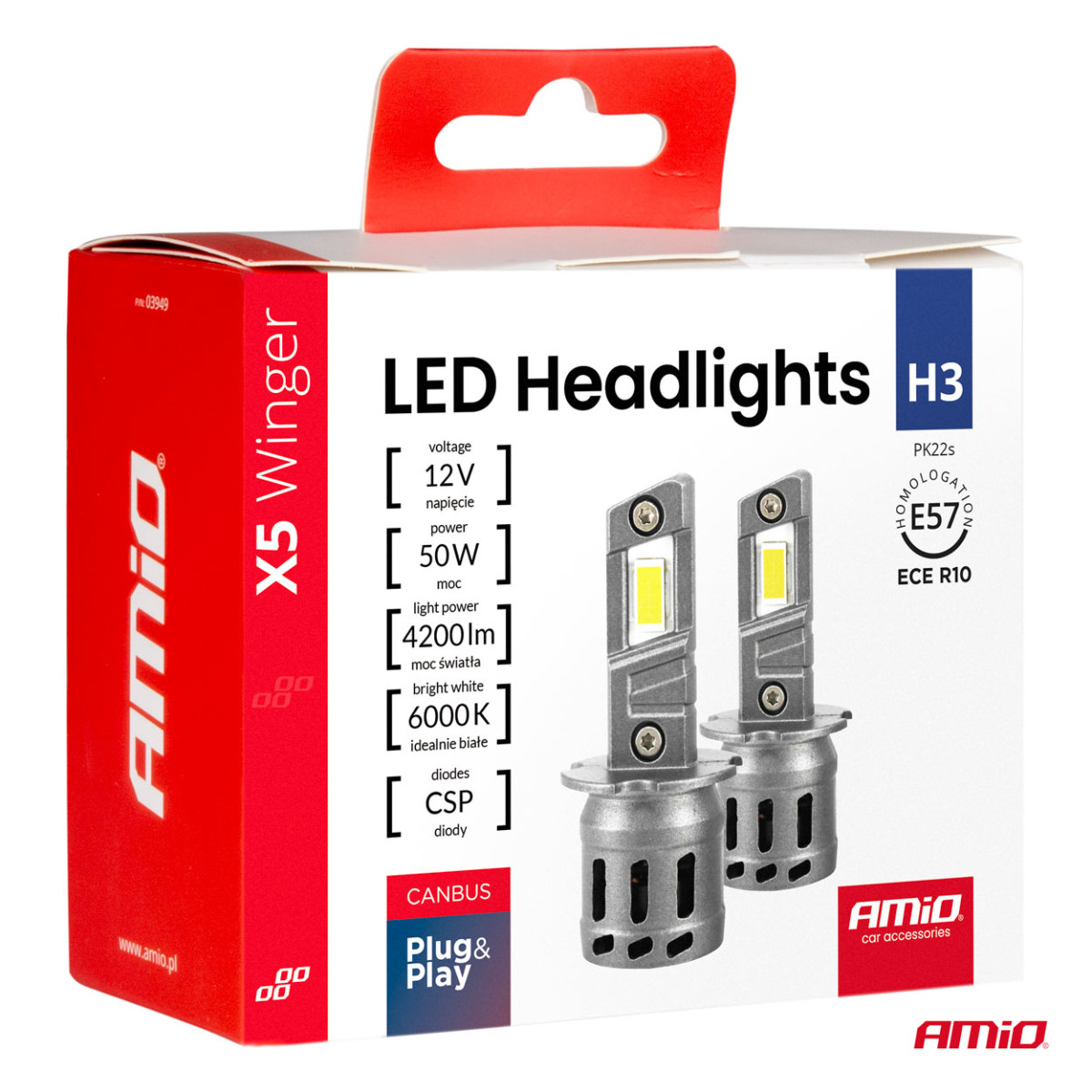 LED headlight bulbs X5-series WINGER H3 6000K max 30W AMIO-03944