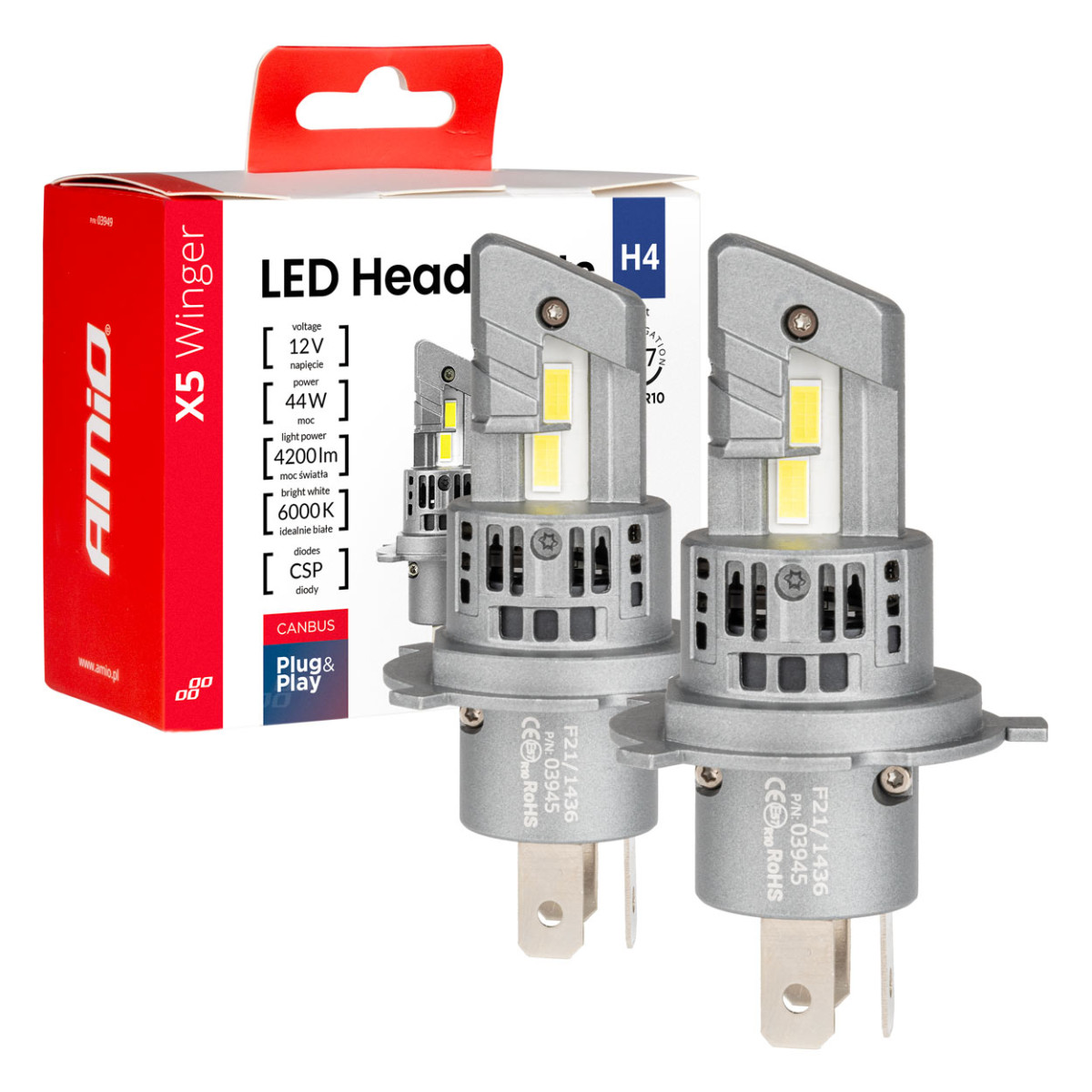 LED headlight bulbs X5-series WINGER H4 6000K max 50W AMIO-03945