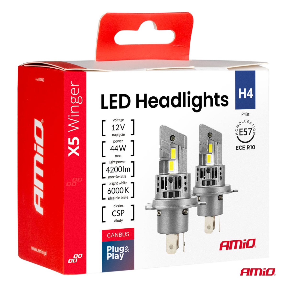 LED headlight bulbs X5-series WINGER H4 6000K max 50W AMIO-03945