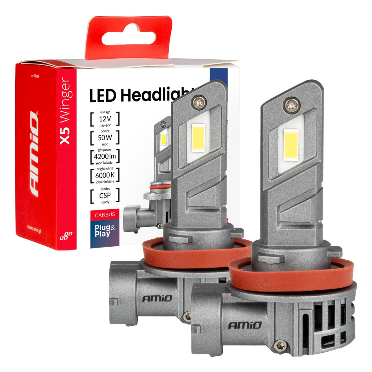 LED headlight bulbs X5-series WINGER H8 H9 H11 6000K max 50W AMIO-03947