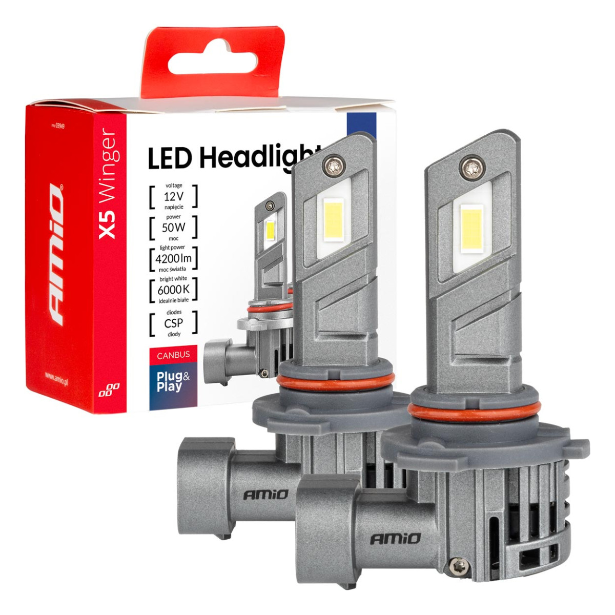 LED headlight bulbs X5-series WINGER HB3 6000K max 50W AMIO-03948