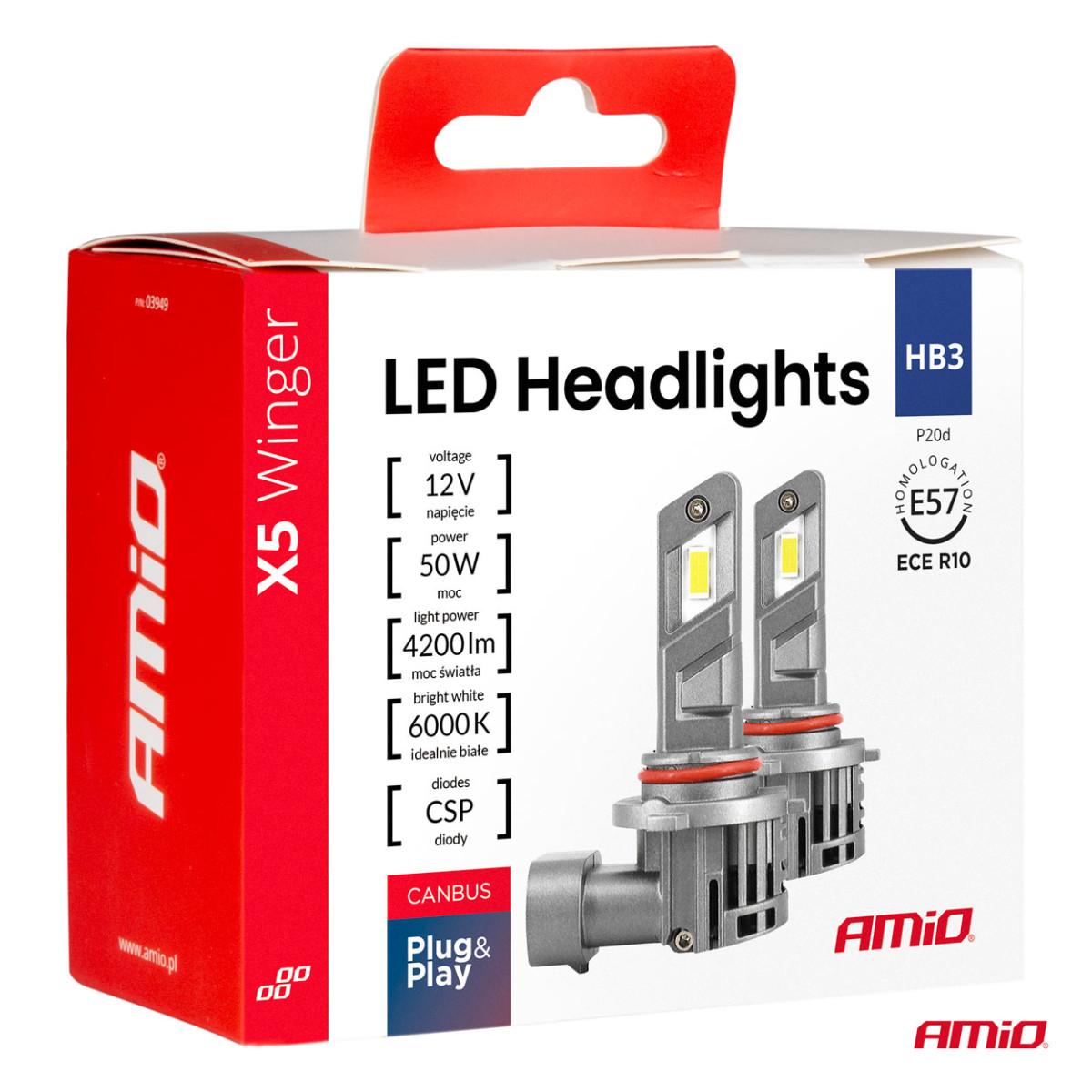 LED headlight bulbs X5-series WINGER HB3 6000K max 50W AMIO-03948