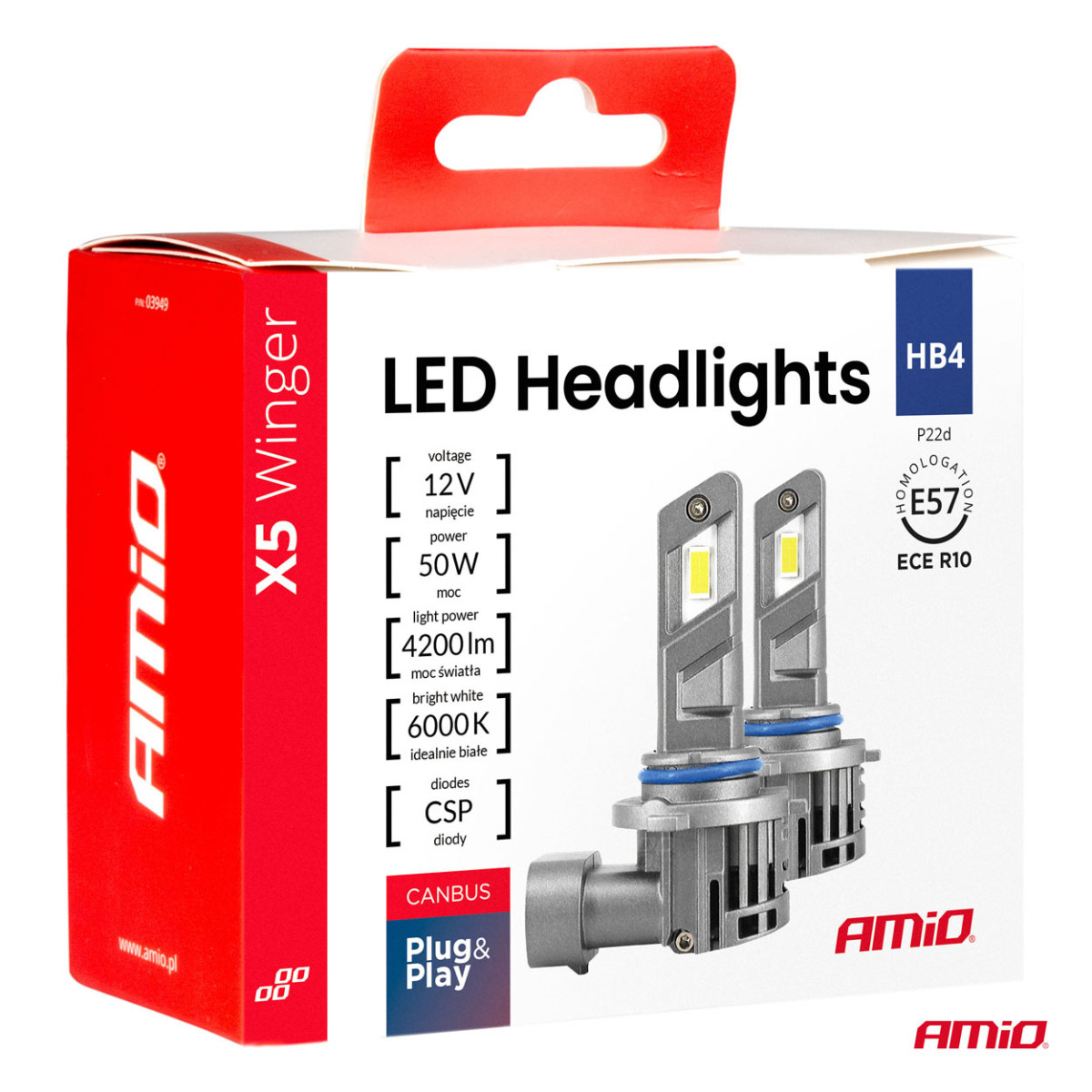 LED headlight bulbs X5-series WINGER HB4 6000K max 50W AMIO-03949