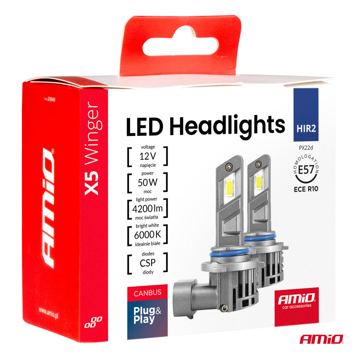 LED headlight bulbs X5 WINGER HIR2 6000K max 50W AMIO-03950