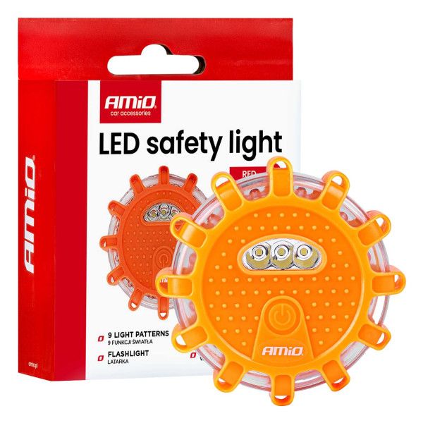 Car LED warning light, 12+3 SMD, 650 mAh, red, with battery AMIO-04673