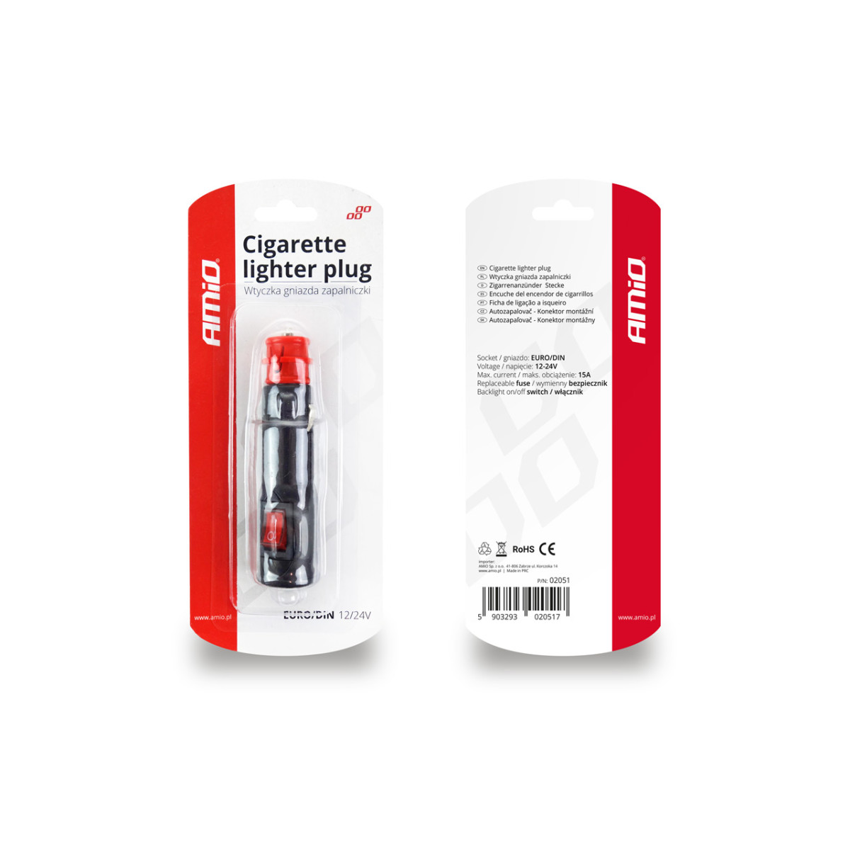 Cigarette lighter socket plug with switch EURO/DIN 12/24V, AMIO-02051