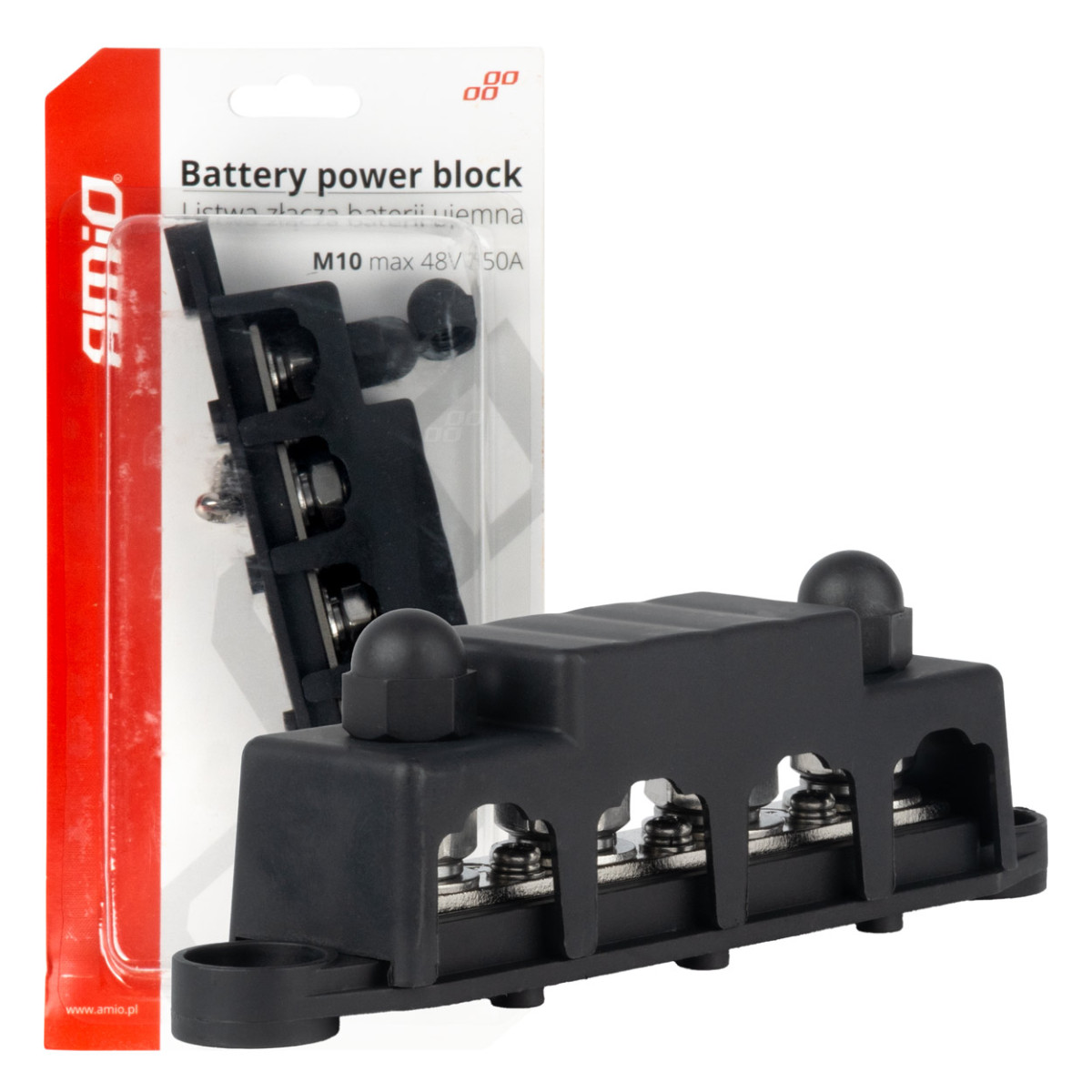 Negative pole power distribution block with 4 M10 bolts, Bus Bar 12/24/48V 250A, AMIO-03811