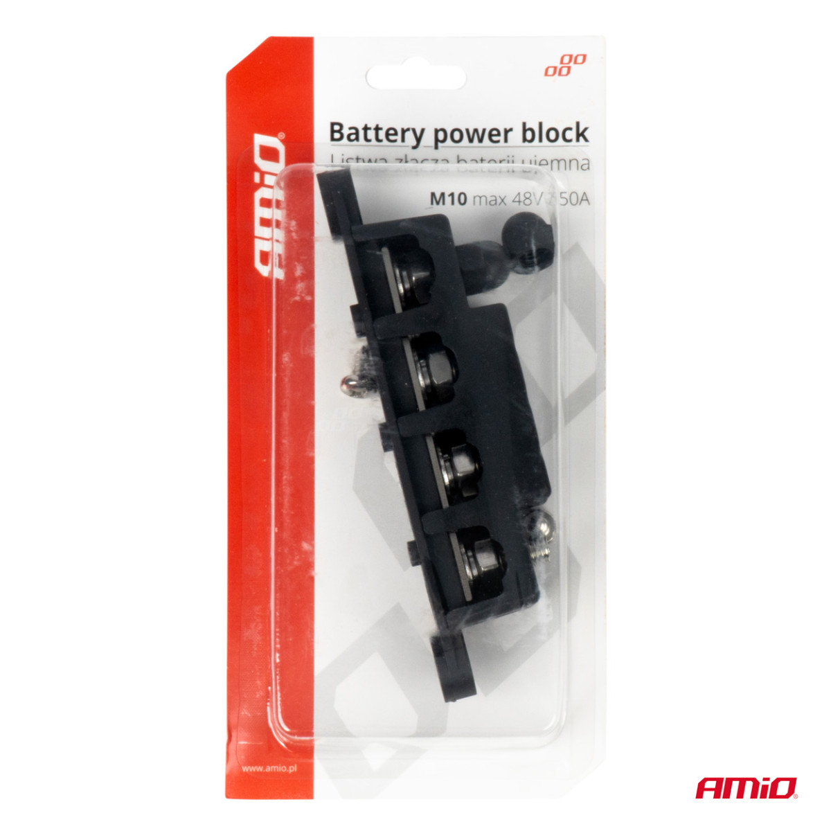 Negative pole power distribution block with 4 M10 bolts, Bus Bar 12/24/48V 250A, AMIO-03811