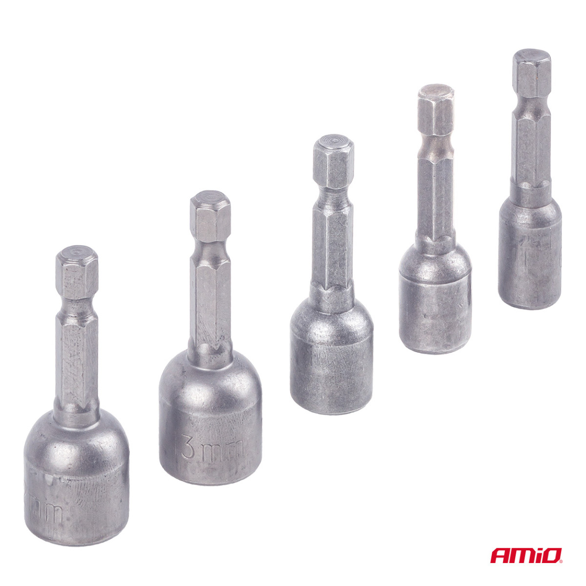 Magnetic screwdriver bit set, 1/4" HEX, 6 / 8 / 10 / 12 / 13 mm, 5 pcs., AMIO-04937