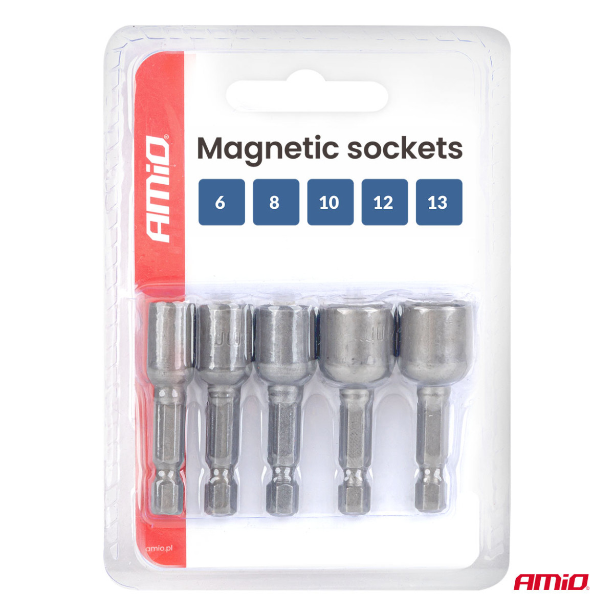 Magnetic screwdriver bit set, 1/4" HEX, 6 / 8 / 10 / 12 / 13 mm, 5 pcs., AMIO-04937