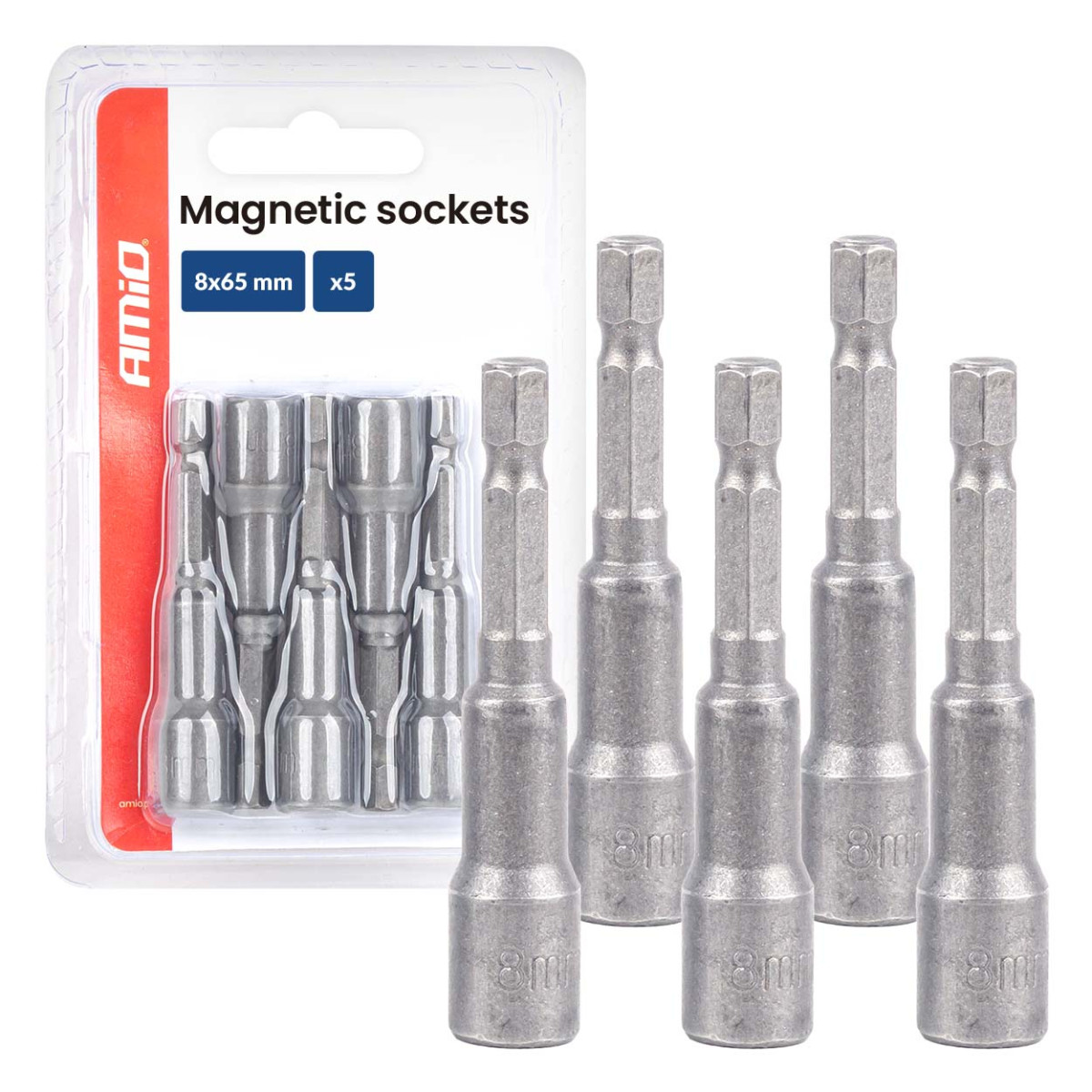 Magnetic screwdriver bit set, 1/4" HEX, 8 x 65 mm, 5 pcs., AMIO-04938