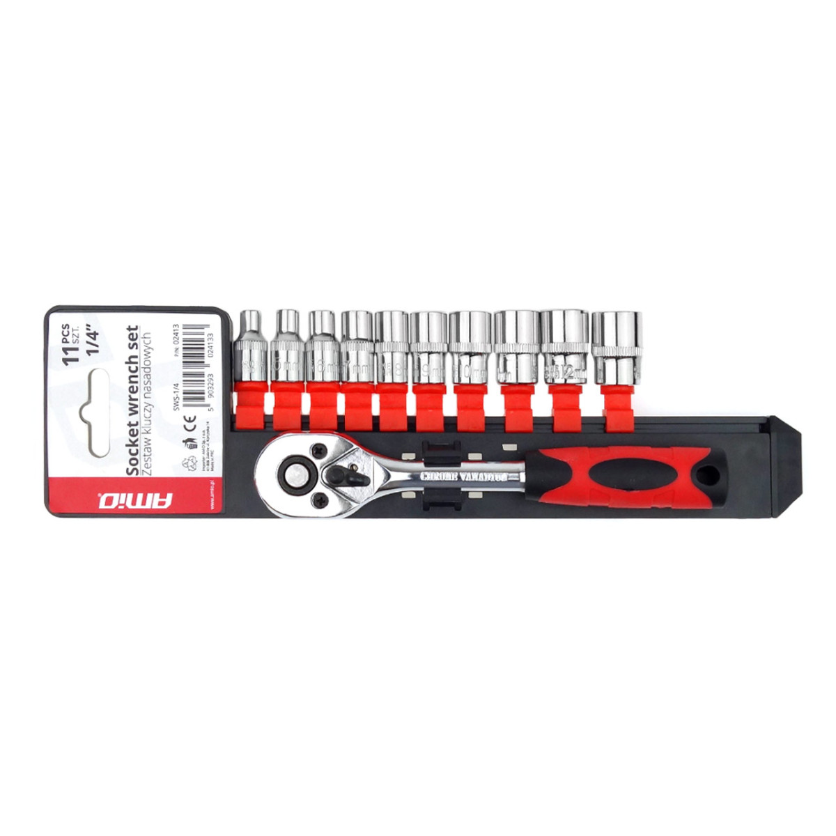 Ratchet wrench with sockets 1/4", 11 pcs., 4–13 mm, AMIO-02413