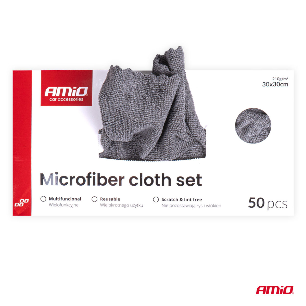 Microfiber cloth set 50 pcs., 210 GSM, 30×30 cm AMIO-04492