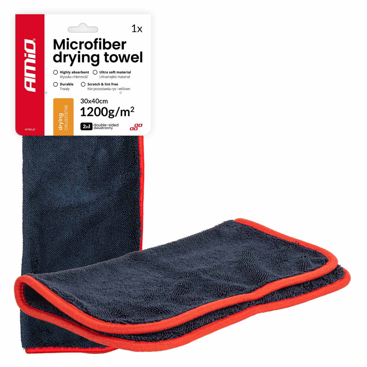 Double-sided microfiber towel 1200 gsm 30x40 cm, AMIO-04491