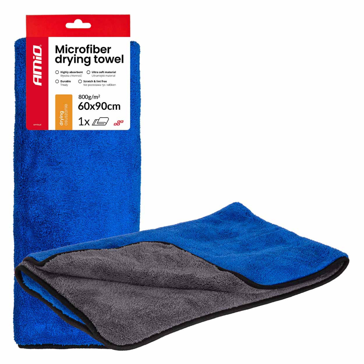 Microfiber car drying towel, 800 GSM, 60 × 90 cm AMIO-04488