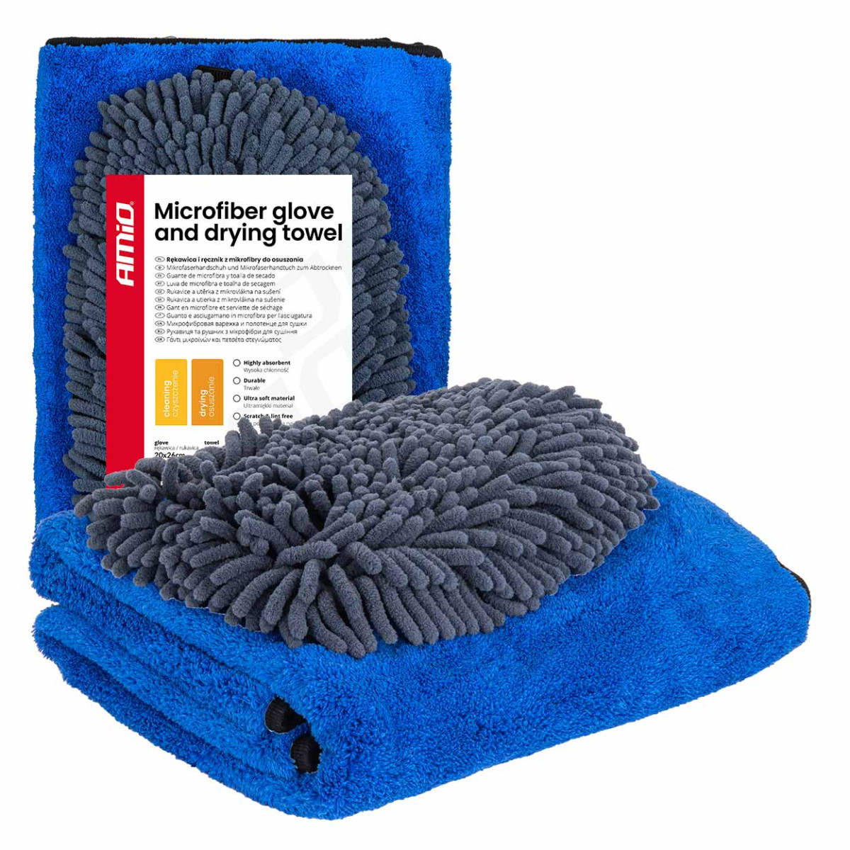 Microfiber car wash mitt and drying towel 94 / 800 GSM, 20×26 cm / 60×90 cm – AMIO-04489