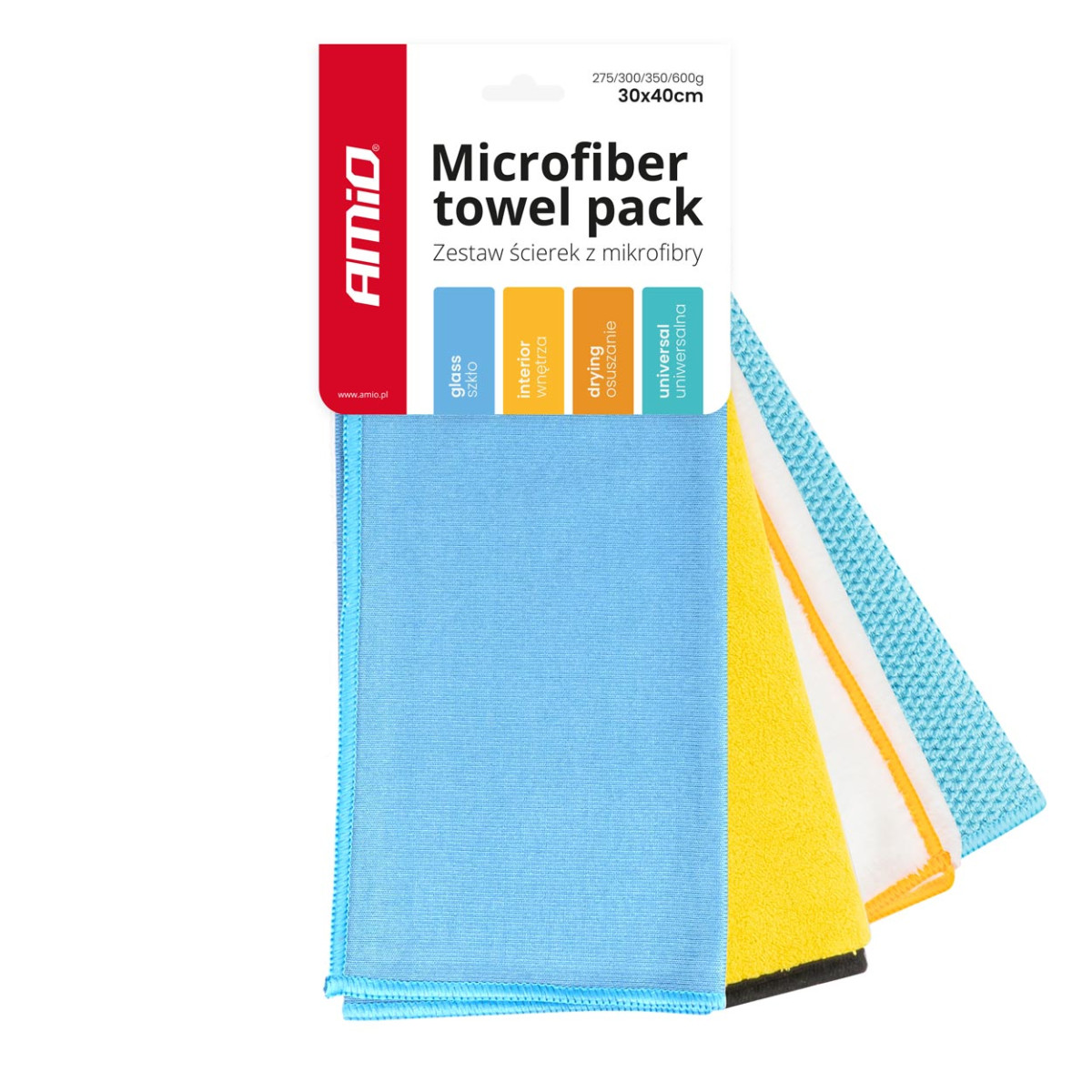 Microfiber towel set 30×40 cm, 4 pcs., 275/300/350/600 gsm, AMiO-03751